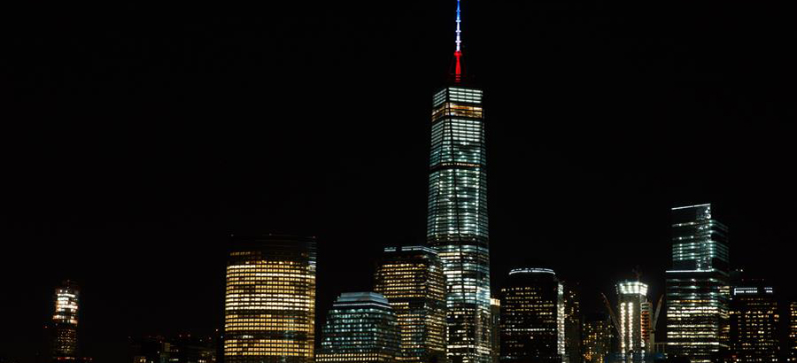 Colors of French national flag seen on top of New York WTC