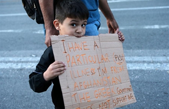 People protest against government's decision to demand refugees leave apartments in Athens, Greece