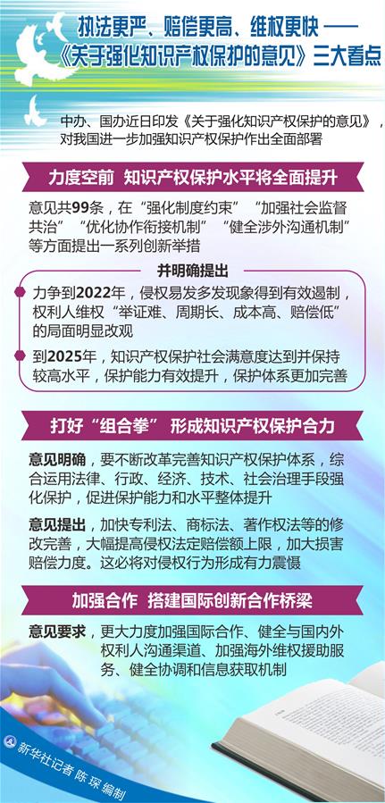 （圖表）[新華調(diào)查]執(zhí)法更嚴(yán)、賠償更高、維權(quán)更快——《關(guān)于強(qiáng)化知識(shí)產(chǎn)權(quán)保護(hù)的意見》三大看點(diǎn)