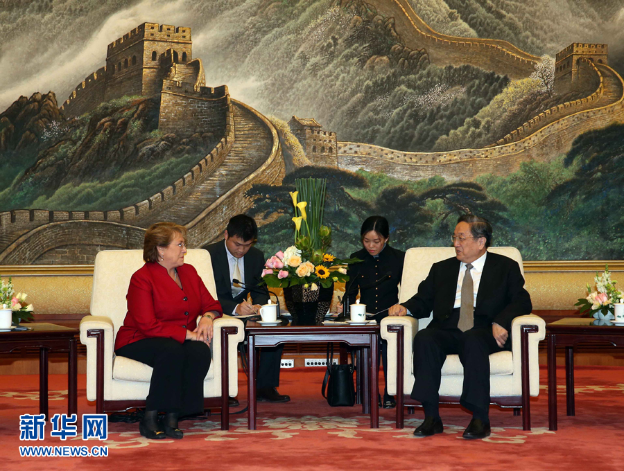 11月11日，全國政協(xié)主席俞正聲在北京人民大會(huì)堂會(huì)見智利總統(tǒng)巴切萊特。 新華社記者 劉衛(wèi)兵 攝